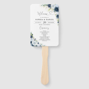 Blue Navy Floral Wedding Program Hand Fan