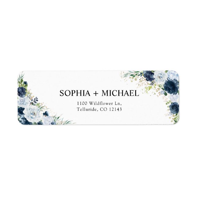 Blue Navy Floral Wedding Return Address Labe Label (Front)