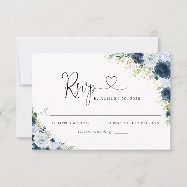 Blue Navy Floral Wedding RSVP Card (Front)
