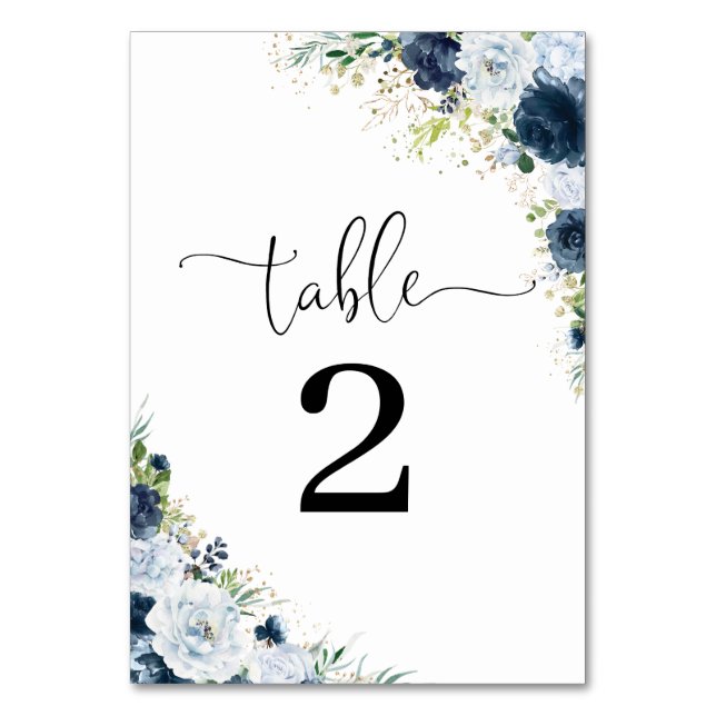Blue Navy Floral Wedding Table Numbers (Front)