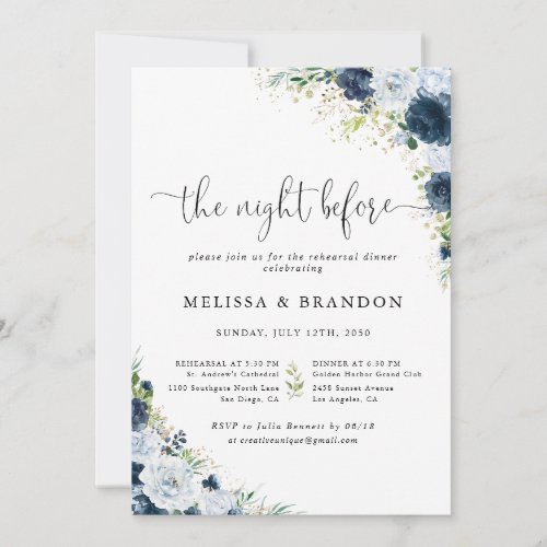 Blue Navy Floral Wedding The Night Before  Invitation