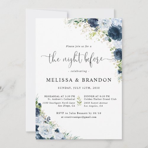 Blue Navy Floral Wedding The Night Before  Invitation