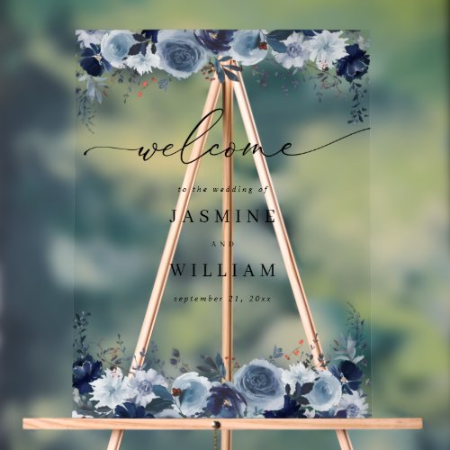 Blue  Navy Floral Wedding Welcome 2 Acrylic Sign