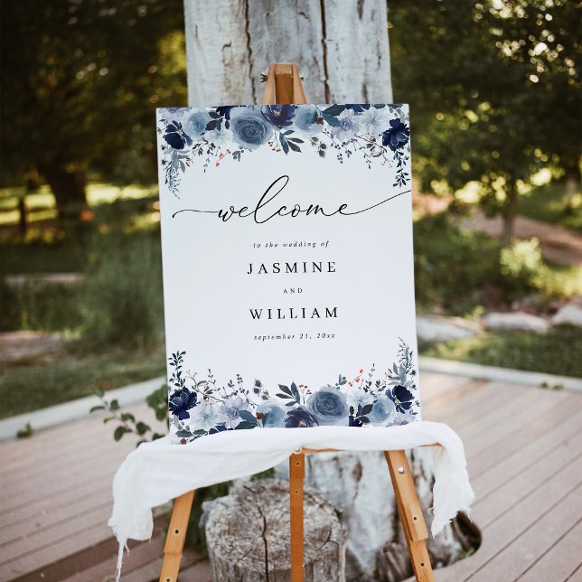 Blue & Navy Floral Wedding Welcome 2 Foam Board (Creator Uploaded)