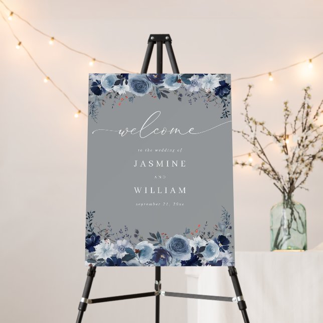 Blue & Navy Floral Wedding Welcome 2 - Gray Foam Board (In Situ (Stand))