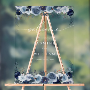 Blue & Navy Floral Wedding Welcome 2- White Acrylic Sign
