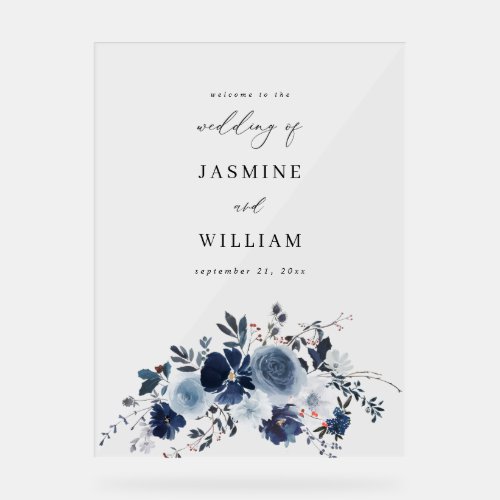 Blue  Navy Floral Wedding Welcome Acrylic Sign