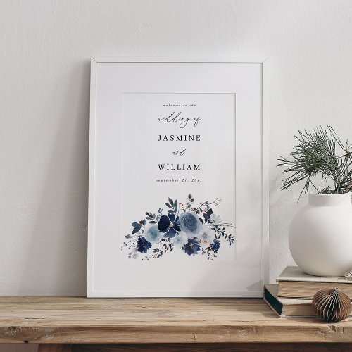 Blue  Navy Floral Wedding Welcome Poster