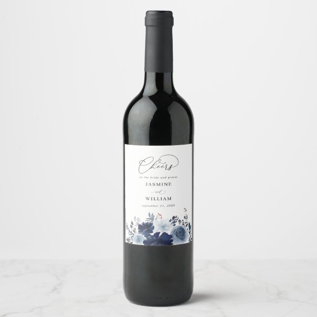 Blue & Navy Floral Wedding Wine Label (Front)