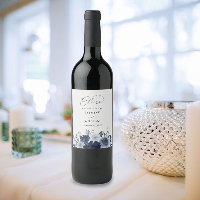 Blue & Navy Floral Wedding Wine Label (Creator Uploaded)