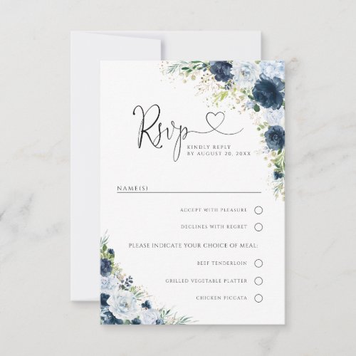 Blue Navy Floral Wedding With Meal Choice RSVP Card