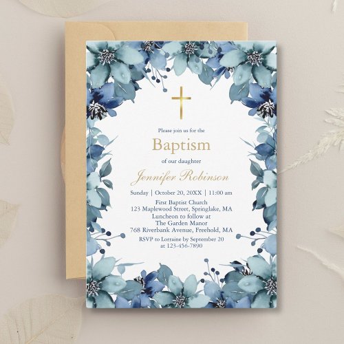 Blue Navy Flower Baptism Invitation