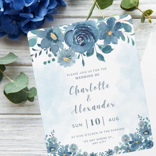 Blue Navy Flower Smoke Background Wedding  Invitation