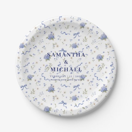 Blue Navy Flowers Floral Concept Wedding Couple Paper Plates