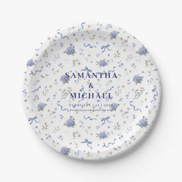 Blue Navy Flowers Floral Concept Wedding Couple Paper Plates