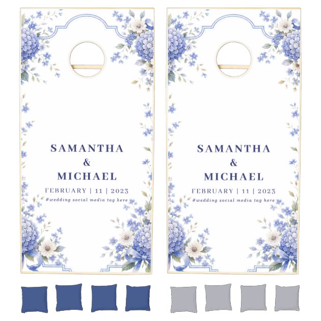 Blue Navy Flowers Floral Wedding Couple Cornhole Set