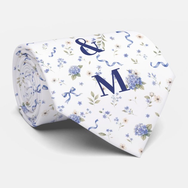 Blue Navy Flowers Floral Wedding Couple Groom Neck Tie