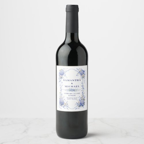 Blue Navy Flowers Floral Wedding Elegant Wine Label