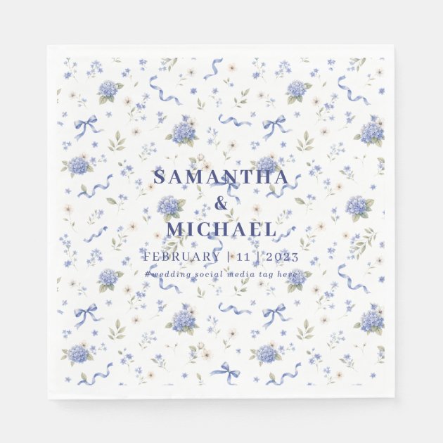 Blue Navy Flowers Modern Minimalist Wedding Napkins