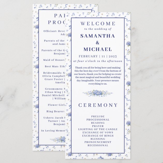 Blue Navy Flowers Tiny Floral Wedding Program