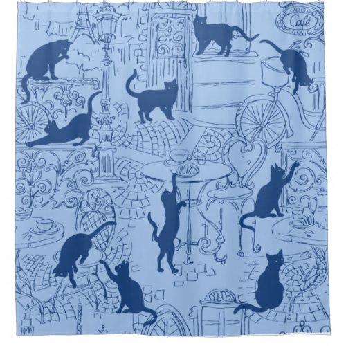 Blue Navy French Cat Paris Cafe Shower Curtain