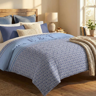 Blue Navy Geometric Chevron Monogram Name  Duvet Cover