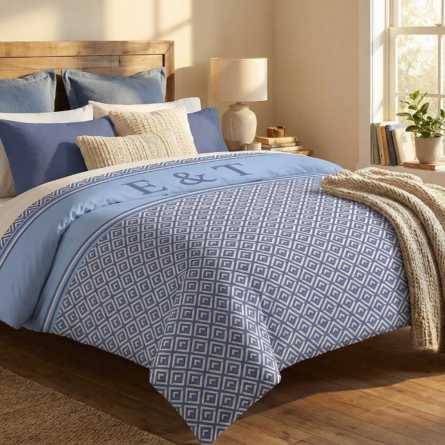 Blue Navy Geometric Chevron Monogram Name  Duvet Cover (Creator Uploaded)