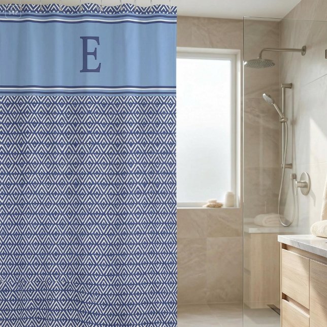 Blue Navy Geometric Chevron Monogram Shower Curtain (Creator Uploaded)
