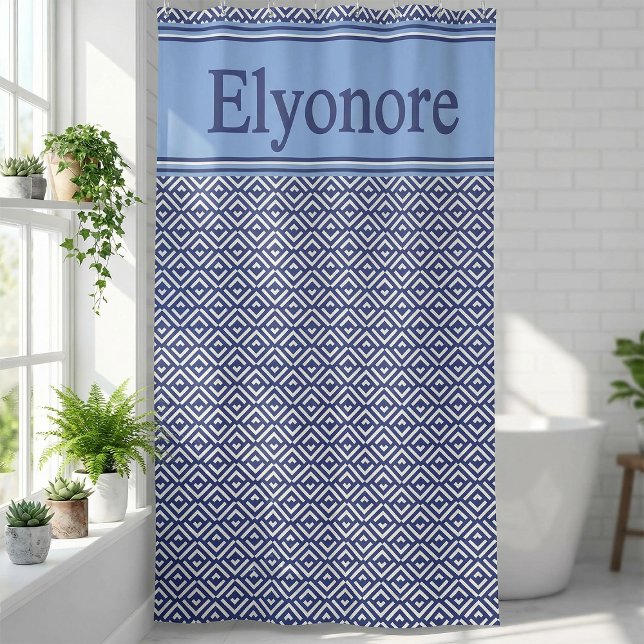 Blue Navy Geometric Chevron Name Shower Curtain (Creator Uploaded)