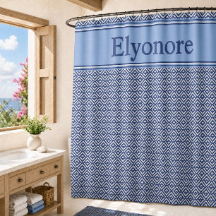 Blue Navy Geometric Chevron Name Shower Curtain