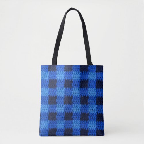 Blue Navy Gingham Plaid Artisan Crochet Print Tote Bag