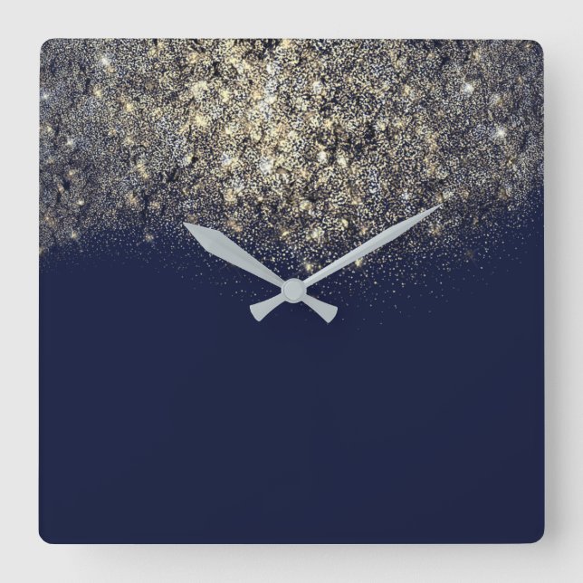 Blue Navy Glitter Confetti Sepia Gold Square Wall Clock (Front)