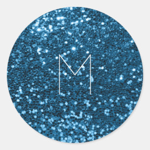 Blue Navy Glitter Metallic Minimal Monogram Classic Round Sticker