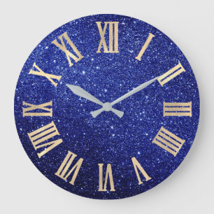 Blue Navy Glitter Minimal Metallic Roman Numers Large Clock