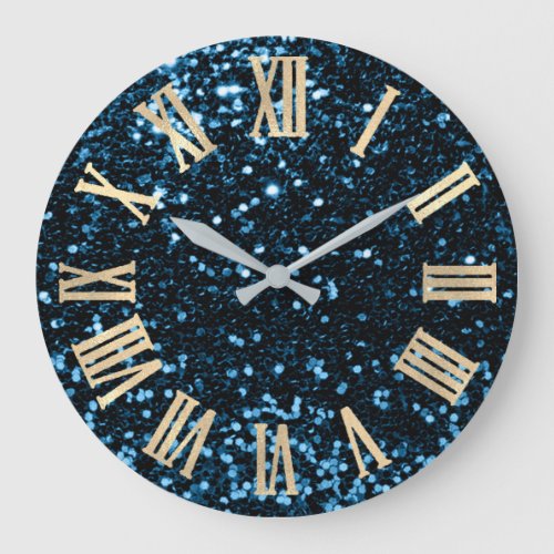 Blue Navy Glitter Teal SilverMetallic Roman Numers Large Clock