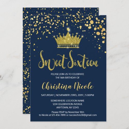 Blue Navy Gold Confetti Elegant Sweet 16 Invitation