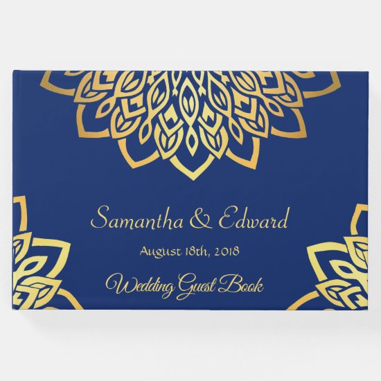 Blue Navy Gold Elegant Wedding Guest Book