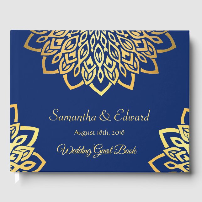 Blue Navy Gold Elegant Wedding Guest Book (Front)