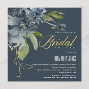 BLUE NAVY GOLD FLORAL BOHO BLOOMS BRIDAL SHOWER INVITATION