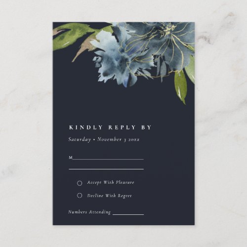 BLUE NAVY GOLD FLORAL WATERCOLOR WEDDING RSVP ENCLOSURE CARD