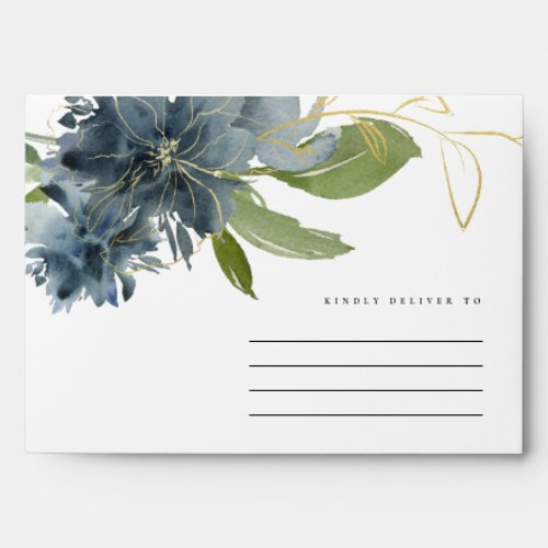 BLUE NAVY GOLD GREEN FLORAL WATERCOLOR ADDRESS ENVELOPE