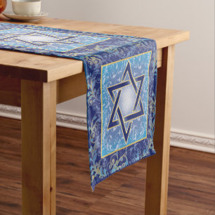 Blue Navy Gold Jewish Star of David  Short Table Runner