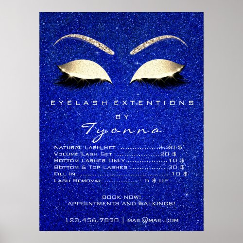 Blue Navy Gold Makeup Artist Lashes Price List Poster