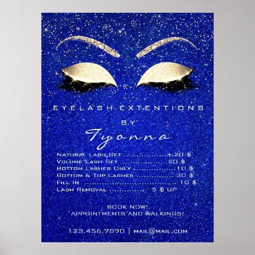 Blue Navy Gold Makeup Artist Lashes Prices Poster