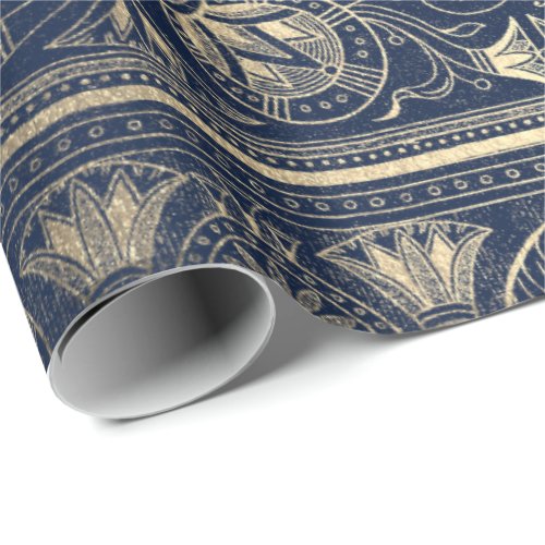 Blue Navy Gold Papyrus Antique Egyptian Floral Wrapping Paper