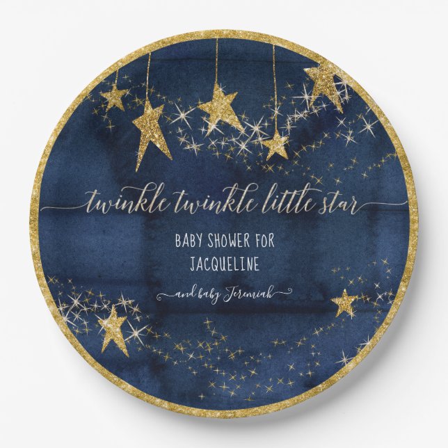 Blue Navy Gold Twinkle Little Star Boy Baby Shower Paper Plates (Front)
