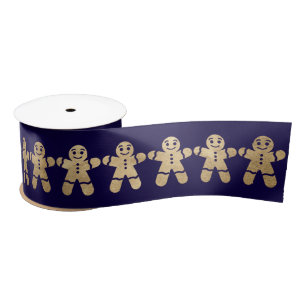 Blue Navy Golden Christmas Gingerbread Man Satin Ribbon