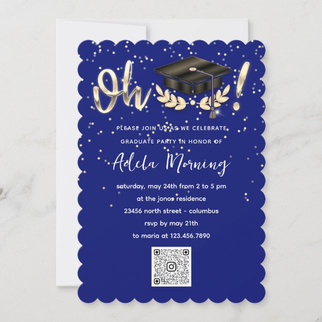 Blue Navy Golden Confetti Graduate Party QR Code Invitation (Front)