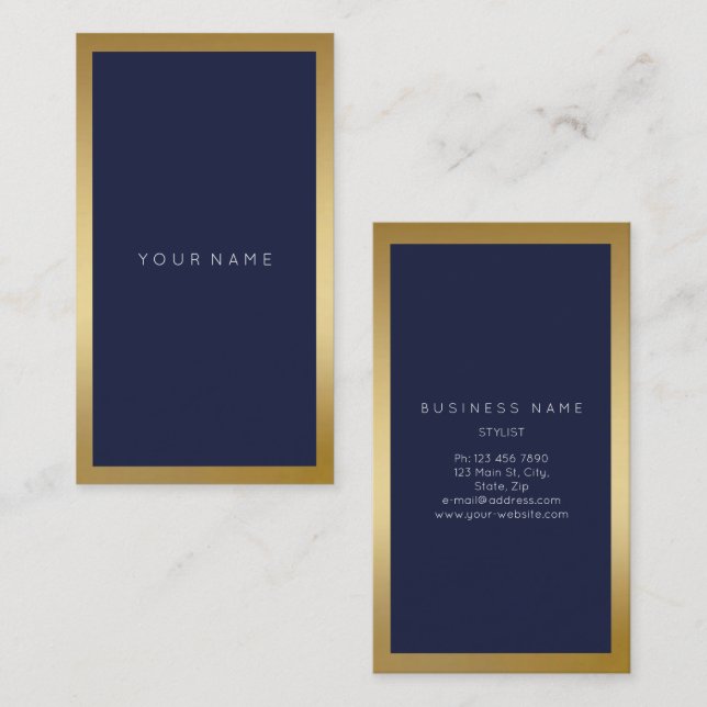 Blue Navy Golden Frame Minimal  Abstract Vertical Business Card (Front/Back)