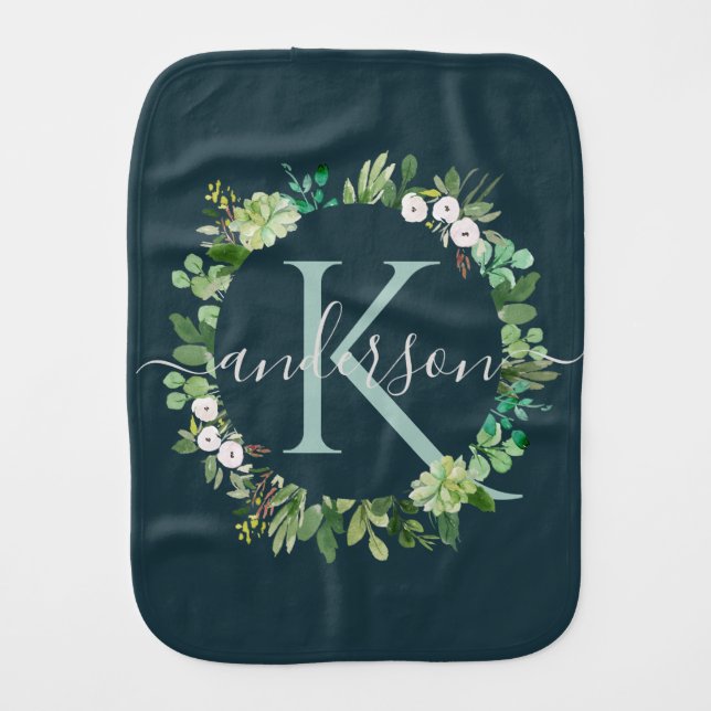 BLUE NAVY GREY WREATH FOLIAGE WATERCOLOR MONOGRAM BABY BURP CLOTH (Front)